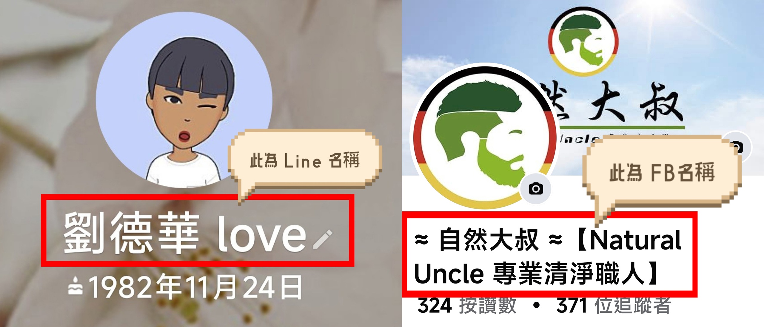 LINE 或 Facebook 顯示名稱 / 帳號填寫示意